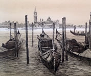 Drawing of gondolas moored in Venice
