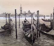 Ink-on-paper drawing of gondolas in Venice